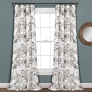 Lush Decor, Gray and White Botanical Garden Curtains Floral Bird Print Room Darkening Window Panel Drapes Set for Living, Dining, Bedroom (Pair), 84" x 52"