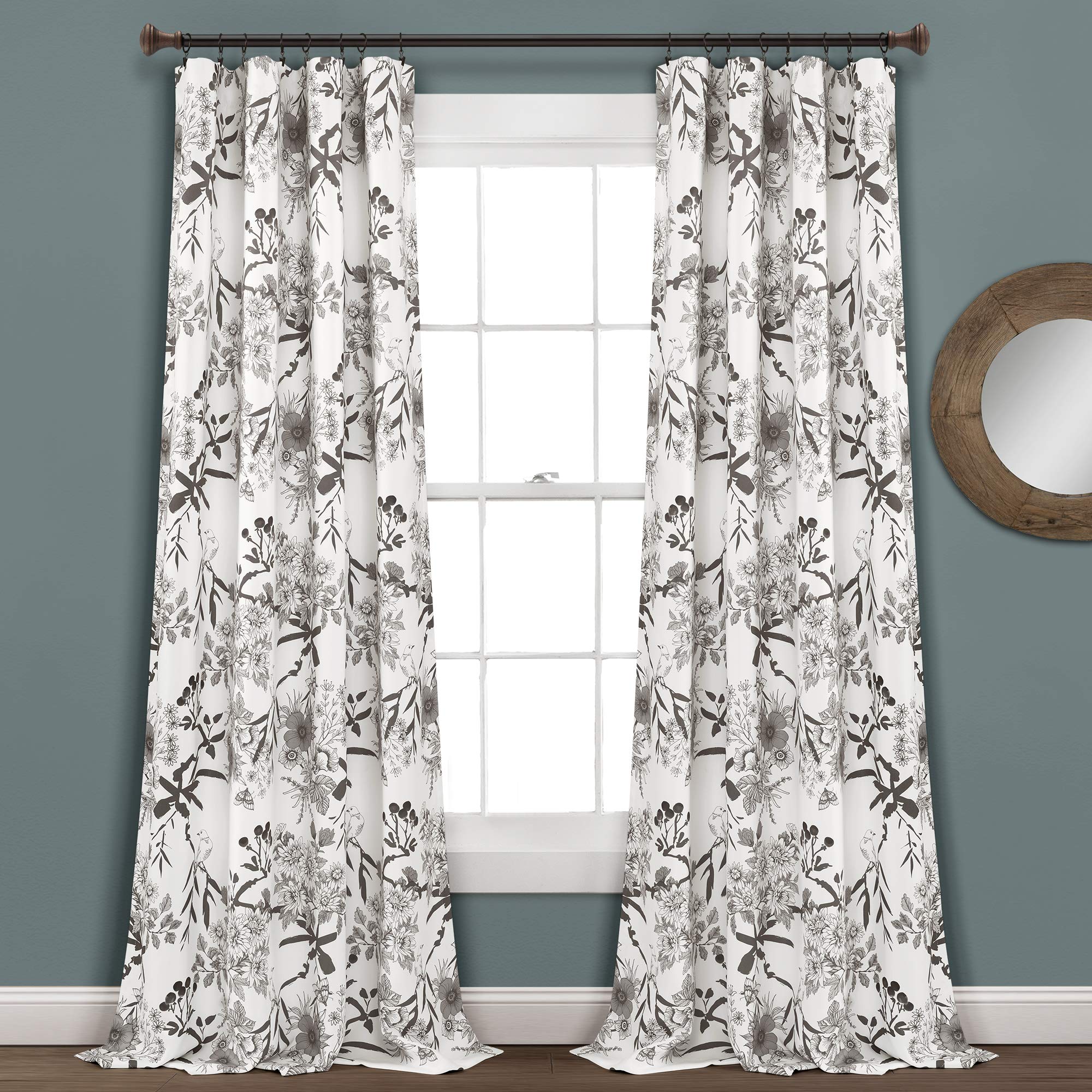 Lush Decor, Gray and White Botanical Garden Curtains Floral Bird Print Room Darkening Window Panel Drapes Set for Living, Dining, Bedroom (Pair), 95" x 52", 95 in x 52 — image 1