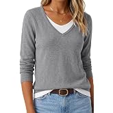 Arach&amp;Cloz Women's Wool Blend 2 in 1 Patchwork V Neck Relaxed Fit Sweater | Versatile, Soft, Fashion Tops, Anti-Pilling