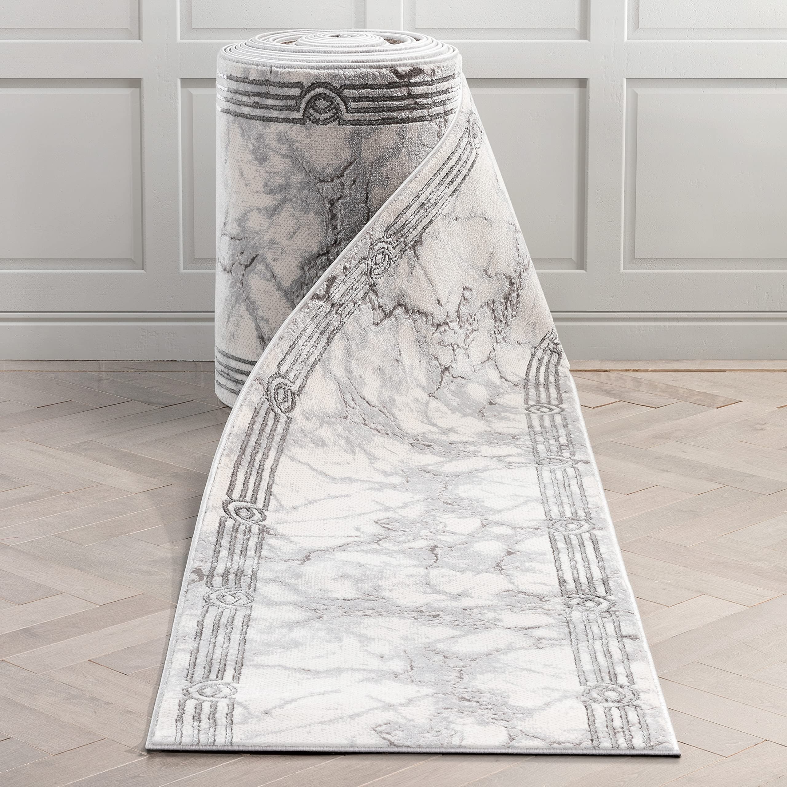 Well Woven Custom Size Hallway Stair Runner – Choose Your Length – Fairmont Collection Lezlee Grey Black Abstract Marble Border 31 Inches Wide x 19 Feet (31″ x 19′) Runner