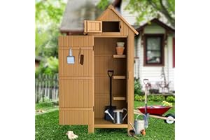 TOETOL Outdoor Storage Shed with Floor, Wooden Garden Tool Storage Cabinet, 70” Tall Water-Resistant Outhouse Kit for Deck, Patio, Garden and Yard (Natural)