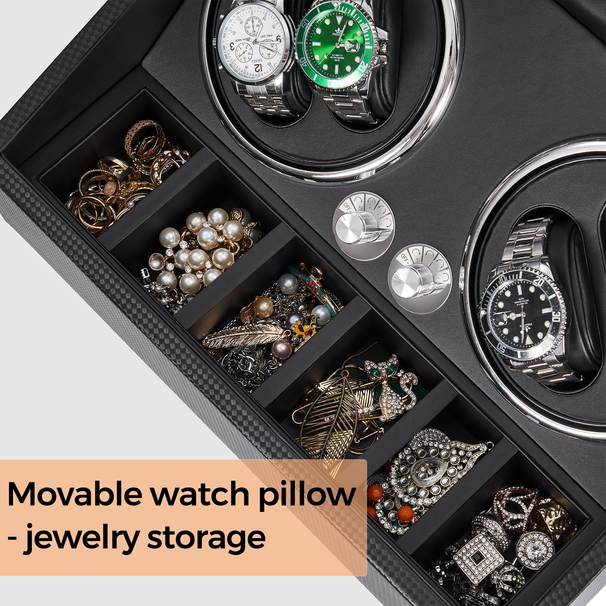 ANWBROAD Watch Winder for Automatic Watches 4 Watch Rotator and 6 Extra Storages with Super Quiet Mabuchi Motor and LED Backlight Watch Turner Carbon Fiber Watch Shaker 5 Rotating Modes USB UJWW002B