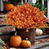 AXYLEX Artificial Fall Flowers Outdoor Fake Mums - 16 Bundles Fake Plants UV Resistant No Fade Faux Plastic Greenery Garden Porch Patio Fall Home Decor (1, OrangeYellow)