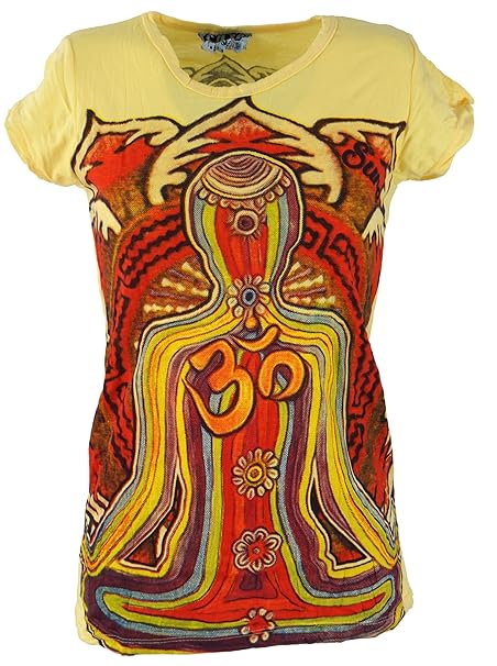 Guru-Shop Sure T-Shirt Meditation - Gelb/bunt, Damen, Baumwolle, Bedrucktes Shirt Alternative Bekleidung