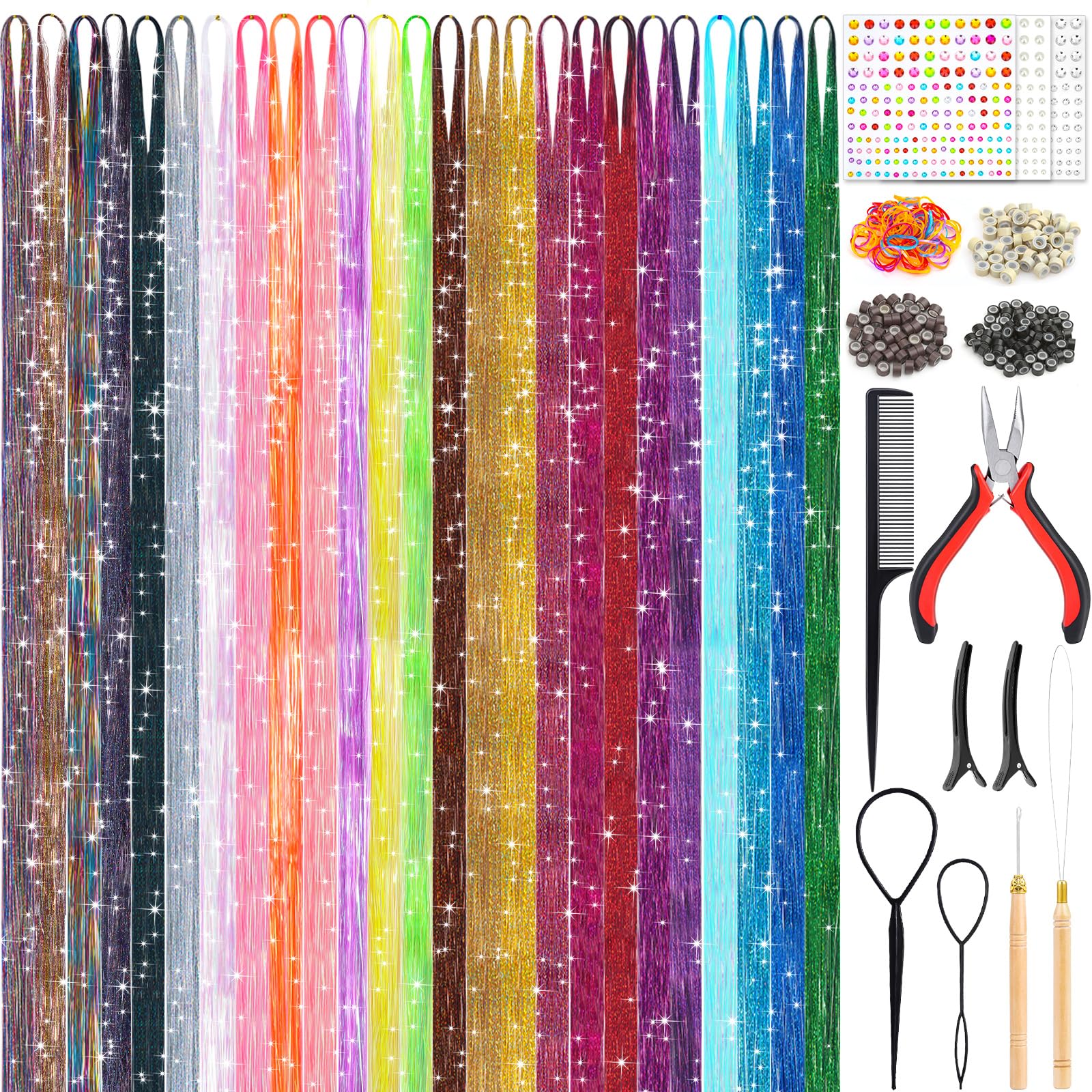 Photo 1 of  Fairy Hair Tinsels Kit 5000 Hair Glitter Strands 48Inch Heat Resistant Tinsel Hairs Extension Sparkling Shiny Highlights Hairs Tinsel with Tools for Christmas Halloween New Year Cosplay Party