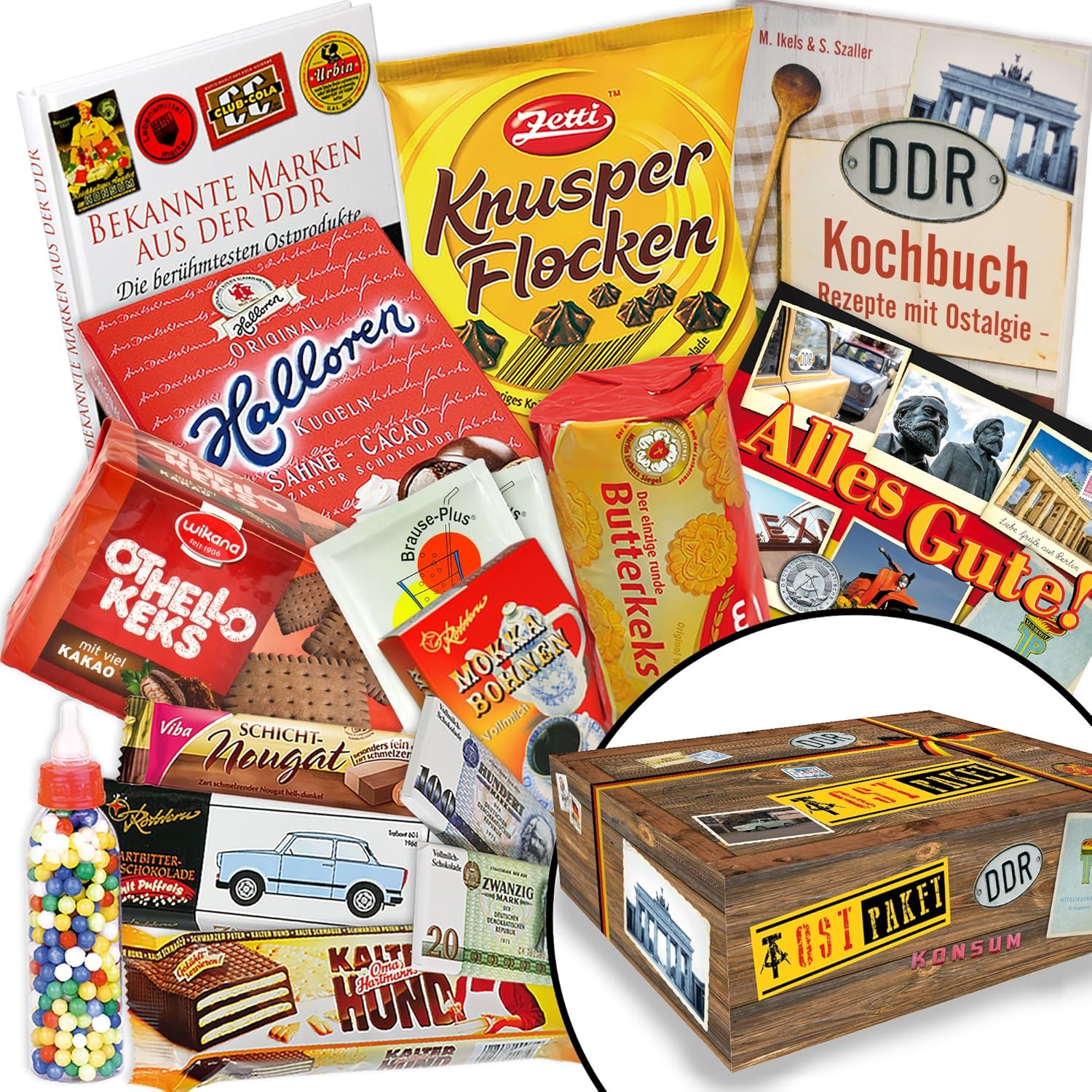 Süssigkeiten Ostpaket INKL. Buch +++ Trabi Puffreis Schokolade, Halloren Kugeln Classic