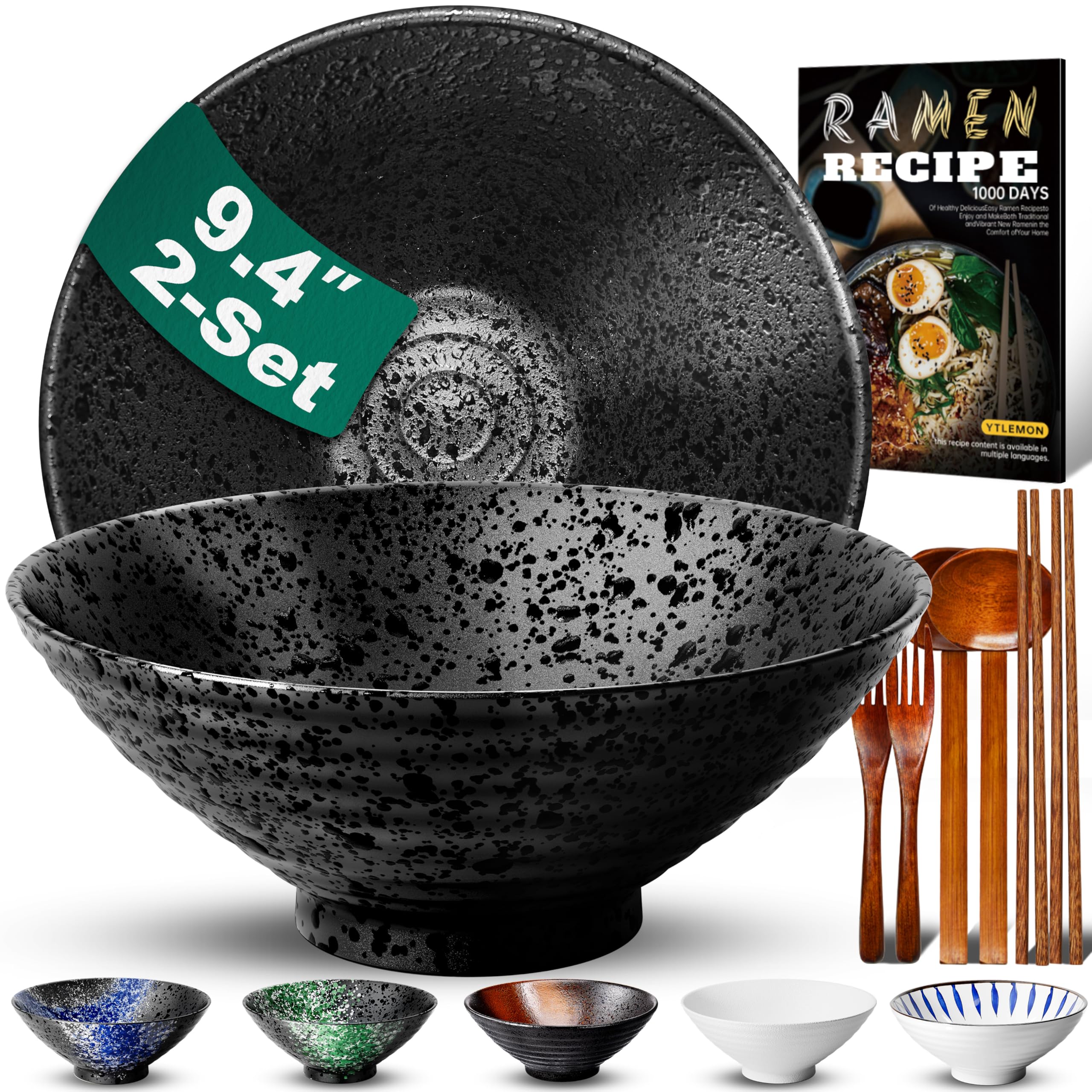 9.4Inch Ceramic Ramen Bowl Set of 2 (9 Piece) - Porcelain Japanese Salad Noodles Cereal Fruit Pasta Soup Large Bowls with Recipes Chopsticks Forks Spoons for Men Women Gift Microwave Dishwasher Safe Image