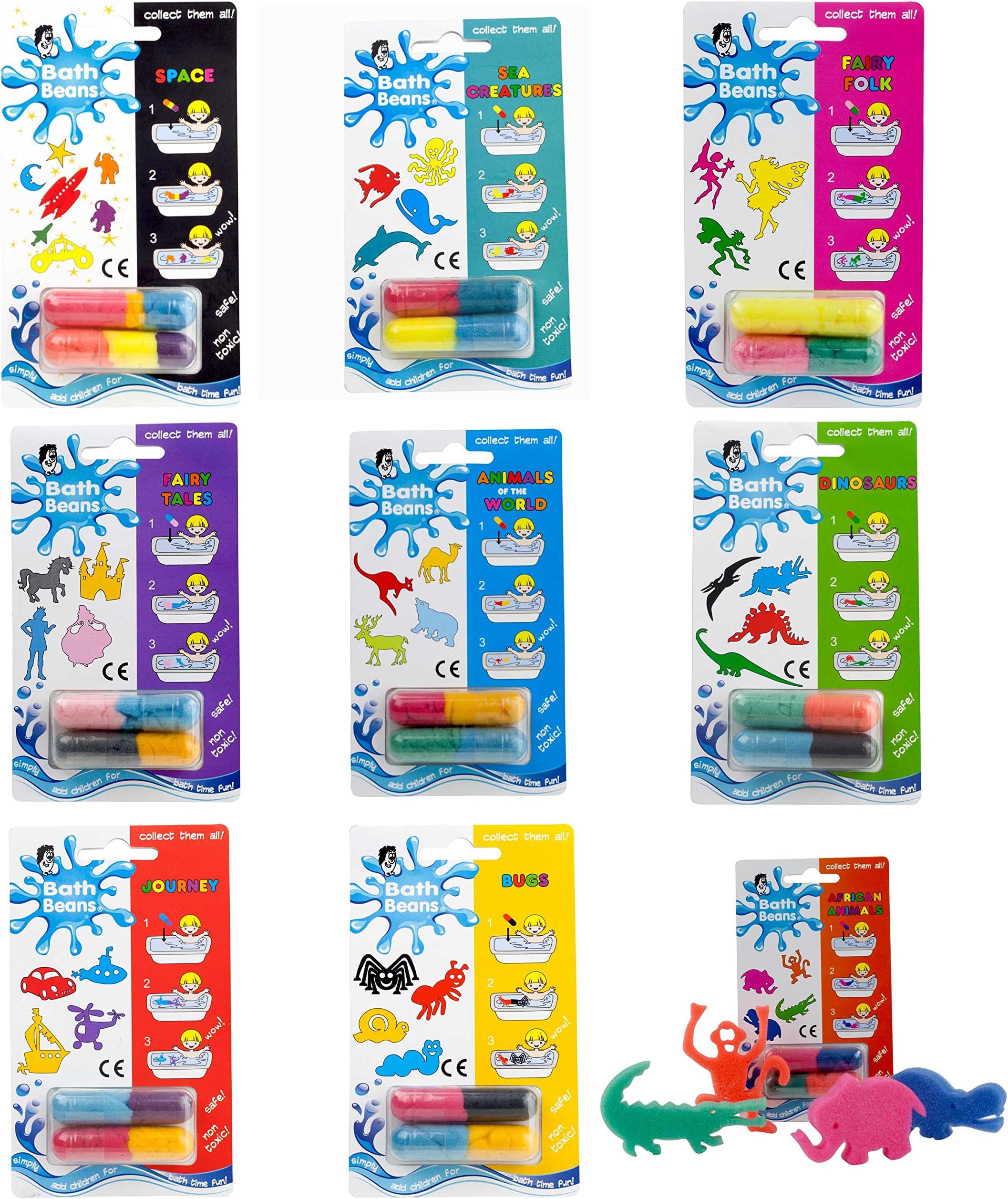 Bath Beans Sponge Toy Capsules - Complete Set of 9 Varieties - Bath Time Fun for Children