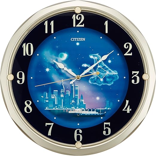 Amazon Co Jp シチズン 掛け時計 電波 アナログ ファンタジータウン 蓄光 で文字板に 絵 が浮び上がる インテリア モデル 金色 Citizen 4my819 018 ホーム キッチン