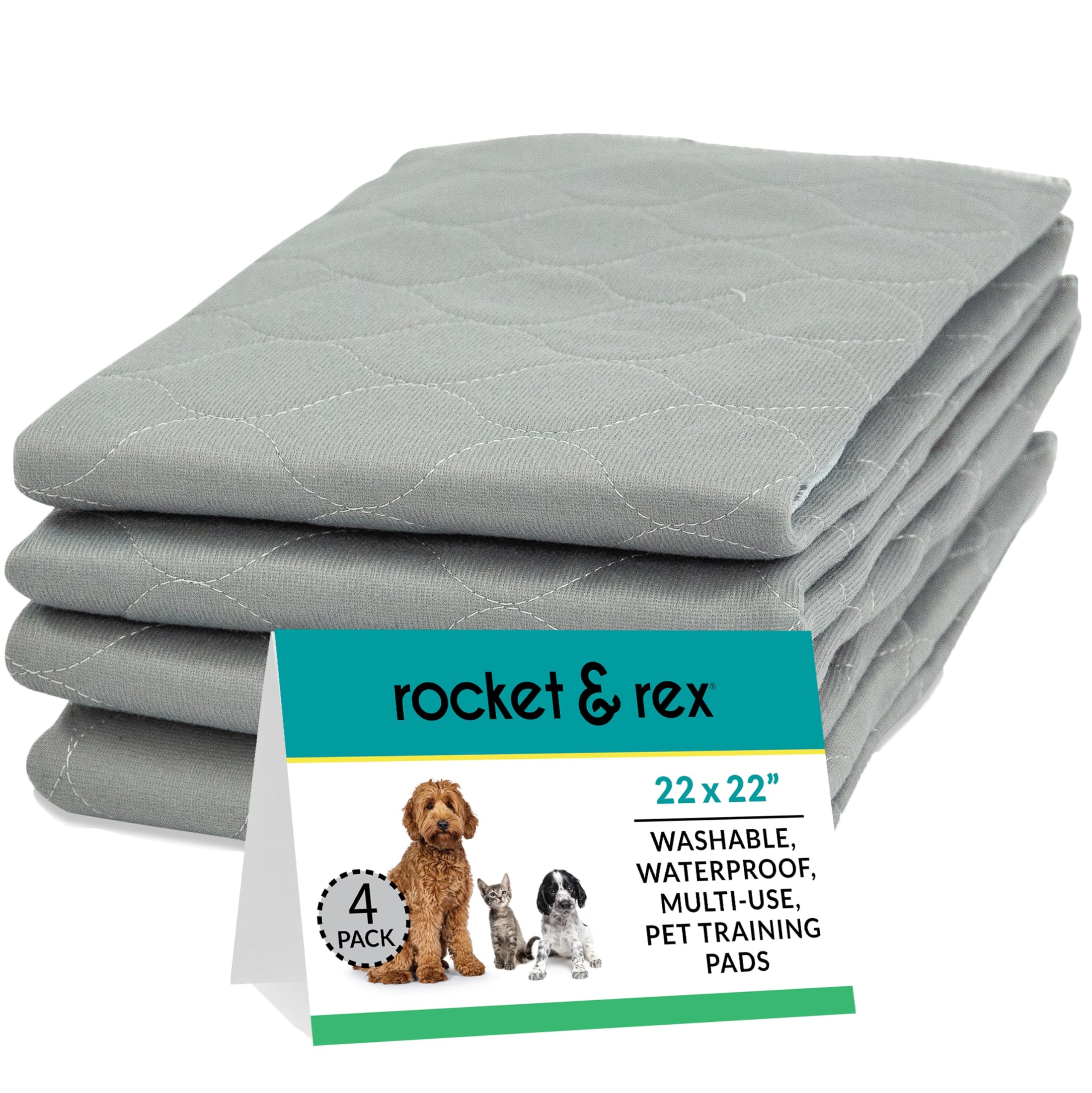 Photo 1 of rocket & rex Premium Washable Pee Pads for Dogs, Waterproof & Reusable Puppy Pads for Potty Training, Whelping, Lining Crates & More, Guaranteed for up to 300 Washes, 22" x 22" (Pack of 4)