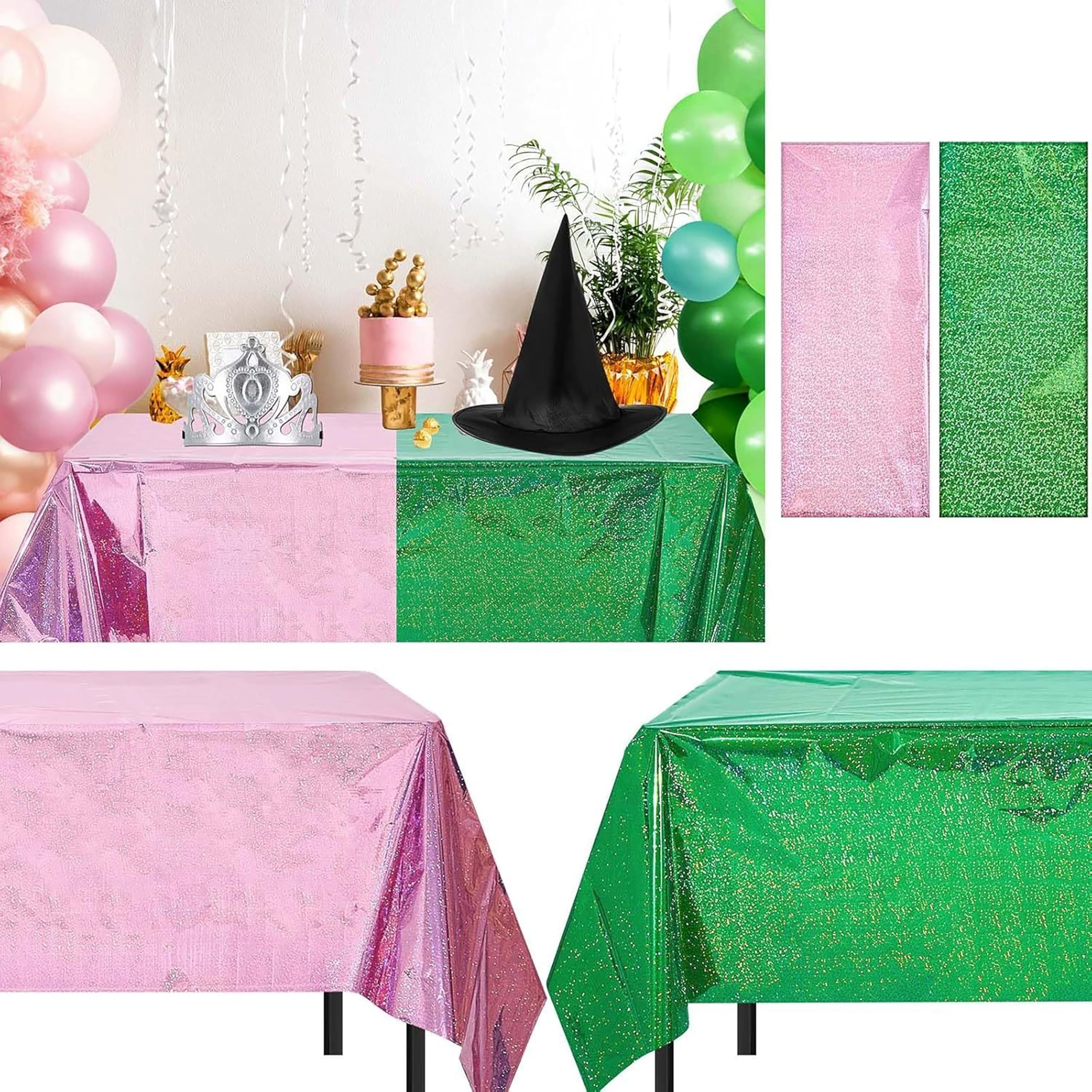 DABAOOU 2pcs Pink Green Holographic Tablecloth 40" x 106" Glitter Tablecloth for Party Metallic Plastic Shimmer Shiny Laser Table Covers for Witch Movie Party Decorations Birthday Celebration Supplies