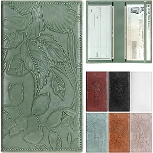 Espera Leaf Relief Embossed Checkbook Covers for Personal | PU Leather for Women, with Elastic Band, Pen Holder & Transparent