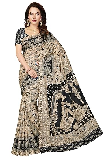 Women's Art Silk Saree with Blouse Piece (Beige & Black)