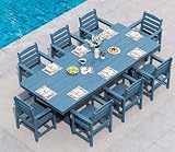 SERWALL 9 Piece Outdoor Dining Set, 84" HDPE Outdoor Table and Chairs for 8，All Weather Patio Furniture Set with Umbrella Hole for Backyard, Garden, Blue