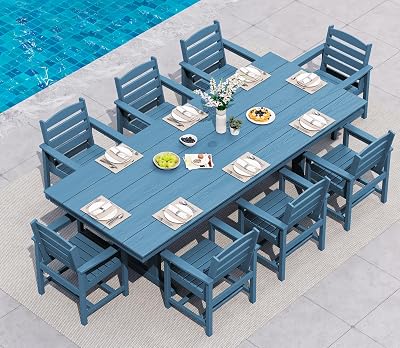 SERWALL 9 Piece Outdoor Dining Set, 84" HDPE Outdoor Table and Chairs for 8，All Weather Patio Furniture Set with Umbrella Hole for Backyard, Garden, Blue