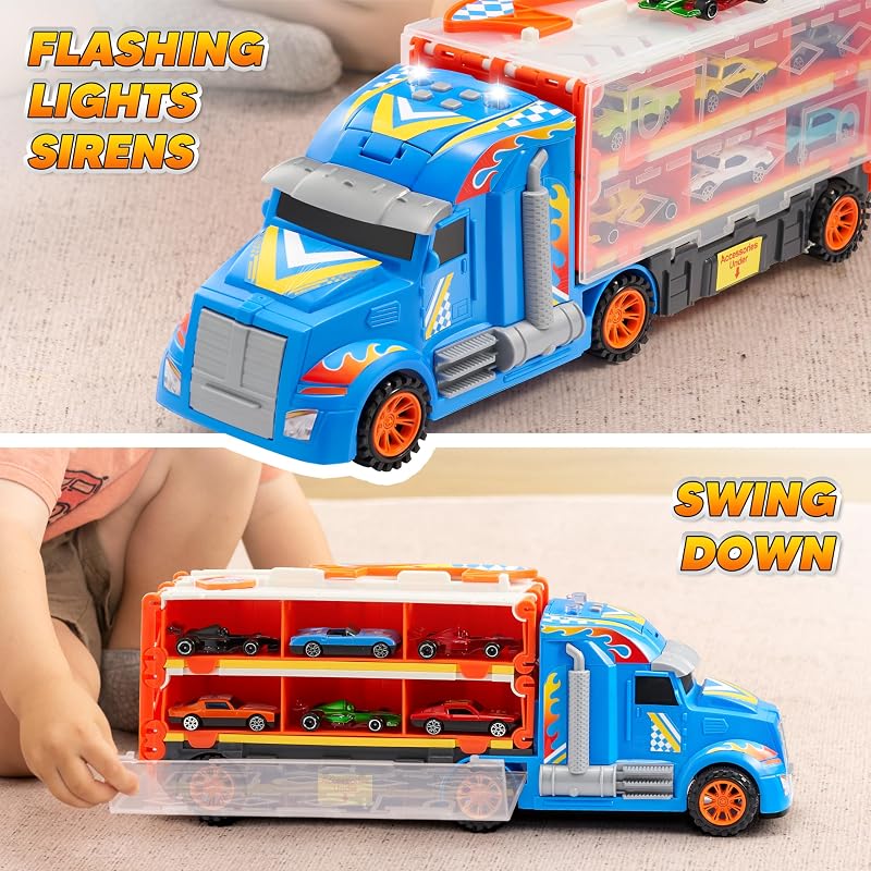 Camiões de Brincar para Crianças, 12 Veículos de Brincar em Metal Fundido com 2 lançadores, Brinquedo de Corrida de Rua Dobrável com Luzes e Sons, Presente para crianças a partir dos 3 anos