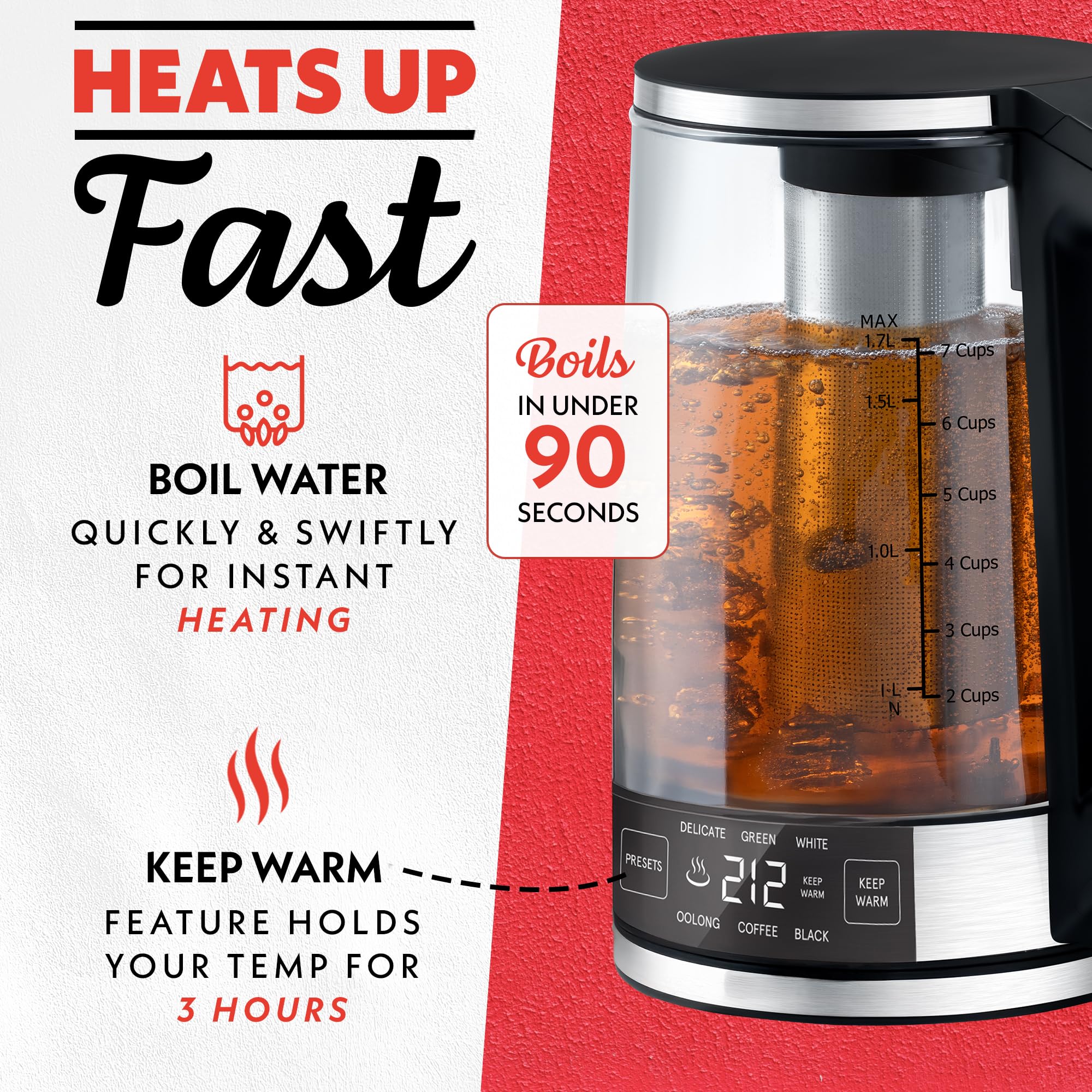 Gourmia Hervidor de vidrio digital programable - Hervidor eléctrico de temperatura ajustable de 1,7 L con 6 preajustes, mantiene caliente, infusor de té de acero inoxidable, base giratoria de 360°, negro