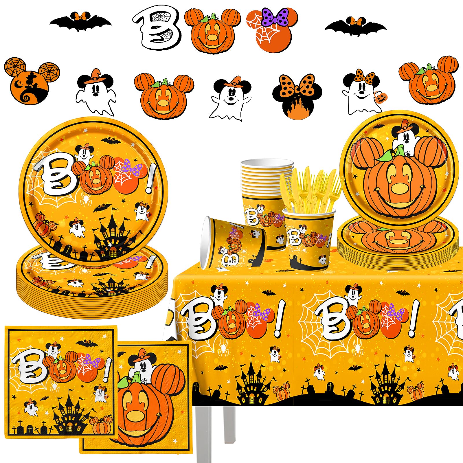 Photo 1 of 142pcs Mouse Halloween Party Decorations - Halloween Boo Plates and Napkins, Yellow Mouse Pumpkin Boo Day Tableware for Kids Baby Shower Birthday Party Decor