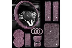 JINGSEN 11 Pcs Bling Car Accessories Set,Bling Car Accessories Set for Women, Bling Steering Wheel Cover for Women Universal Fit 15 Inch, Rhinestone Center Console Cover(Pink)