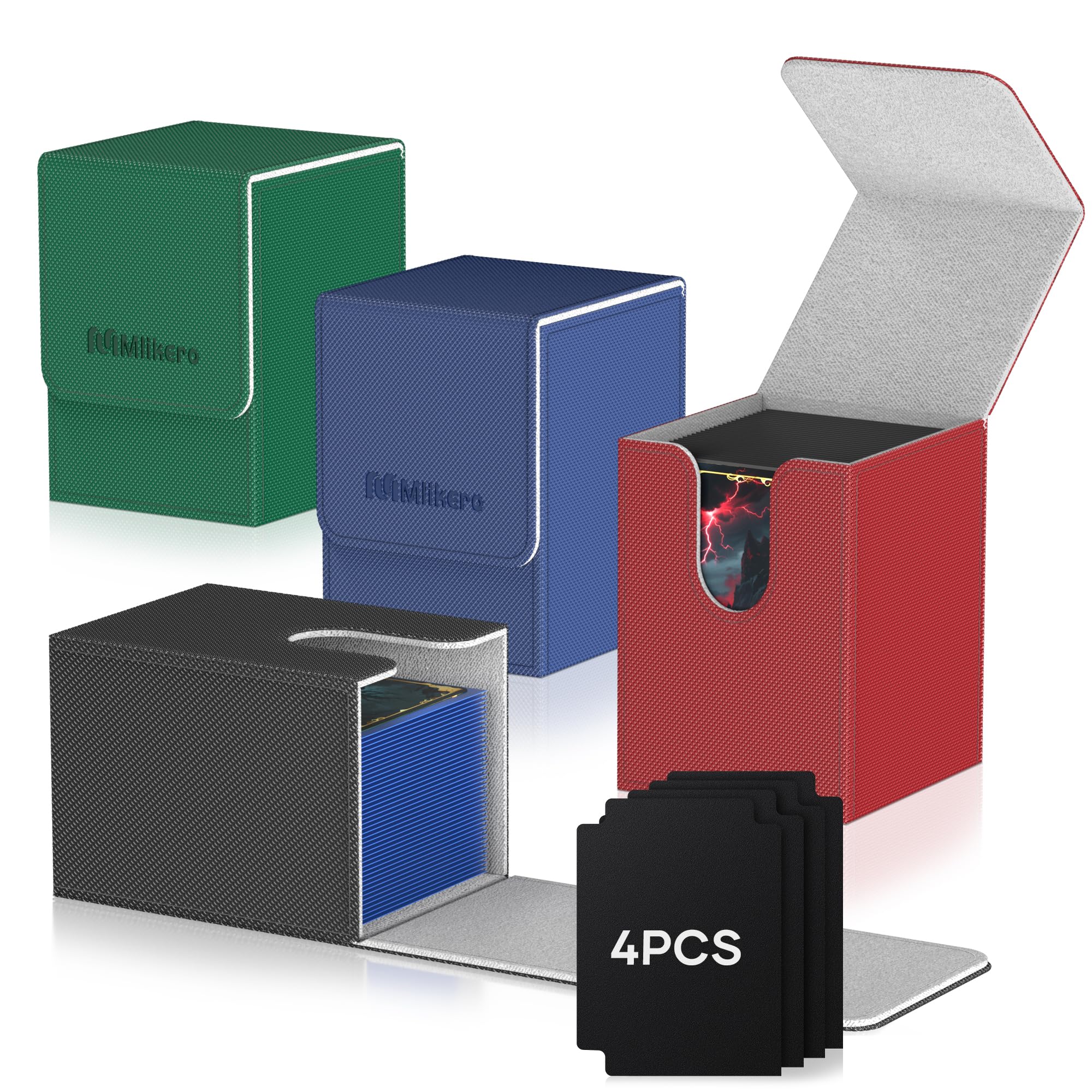 Mlikero 4 Pack Card Deck Box Fit for 100+Single Sleeved Cards with 4 Dividers, Trading Commander Deck Box Compatible with Mtg Card, Premium Leather Deck Boxes for Trading Cards