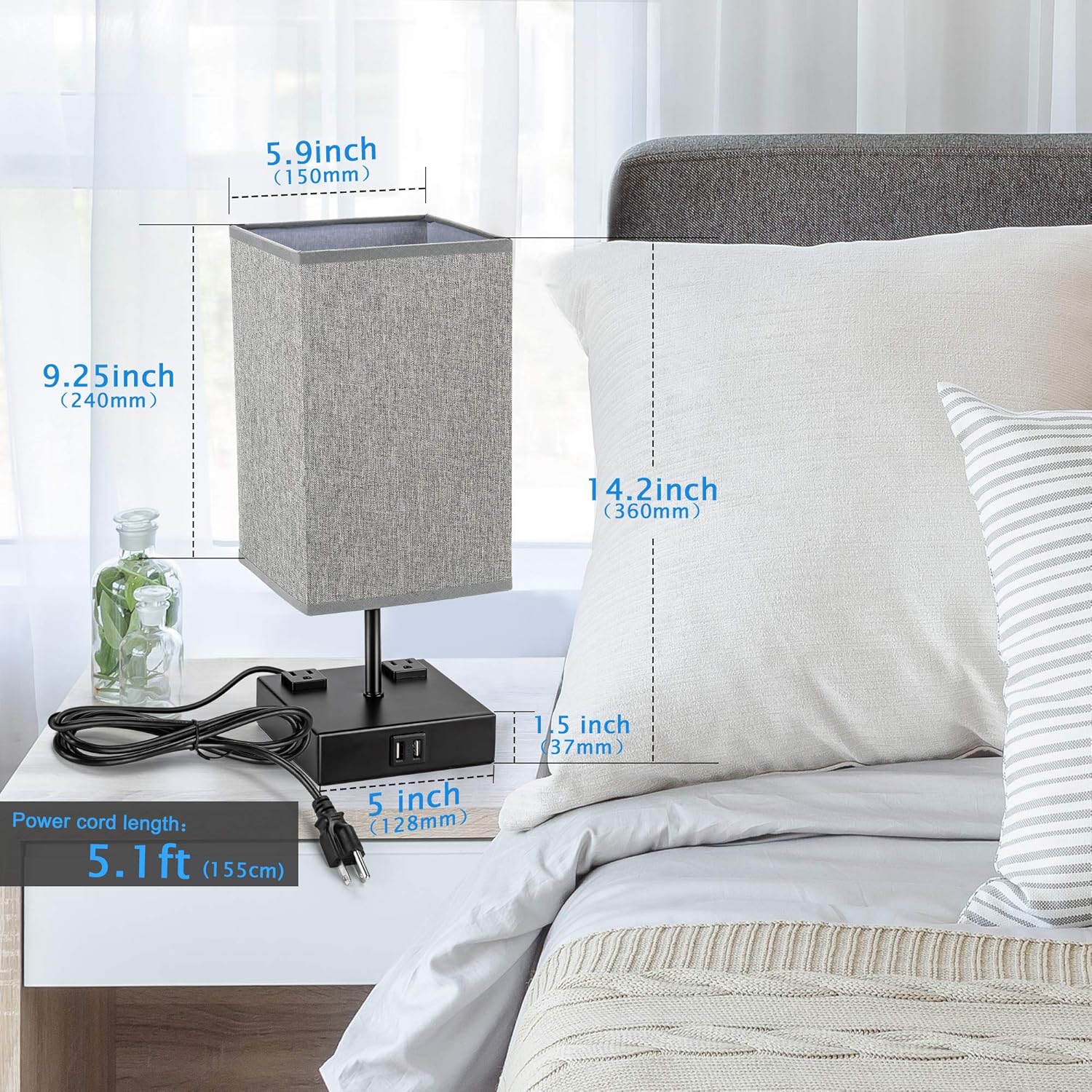UL Approval Touch Control Table Lamp with USB and AC Outlet, SUPERDANNY 3-Way Dimmable Bedside Nightstand Lamp Modern Light, Desk Reading Lamp for Bedroom, Living Room, Gray, Set of 2…: Home Improvement