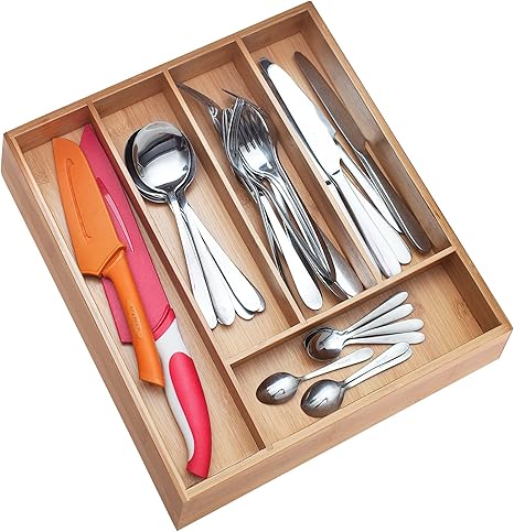 Premium Extra Deep Non Slip 5 Slot Silverware Organizer Bamboo