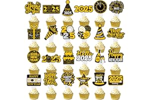 UMONI 48pcs Happy New Year Cupcake Toppers Glitter 2025 New Year Cupcake Topper Dessert Picks Black Gold Hello 2024 Cheers to 2025 Party Decorations for Celebration Party New Years Eve Party Favor Supplies