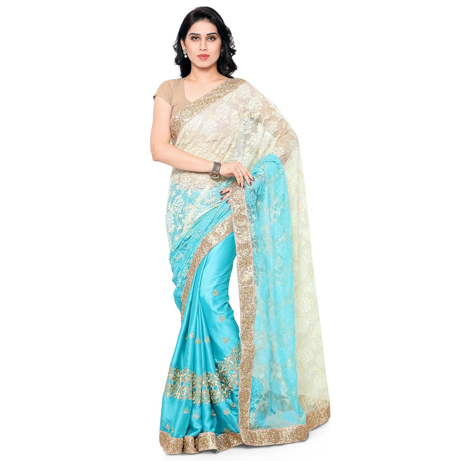 womanista women's faux crepe & satin sari with blouse piece(fs9046_turquoise_free size)