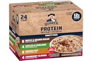Quaker Instant Oatmeal, Protein 4 Flavor Variety Pack, 7g+ Protein, Individual Packets, 24 Count