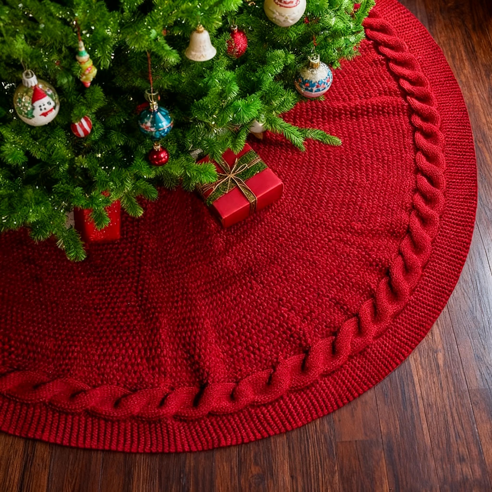 Photo 1 of 24 Inches Knitted Christmas Tree Skirt for 3-4Ft Tree, Small Tree Skirts for Pencil Tree, Cable Knit Red Thick Christmas Tree Mat, Rustic Farmhouse Decorations Xmas Home Party Holiday Decor?Red 24“?