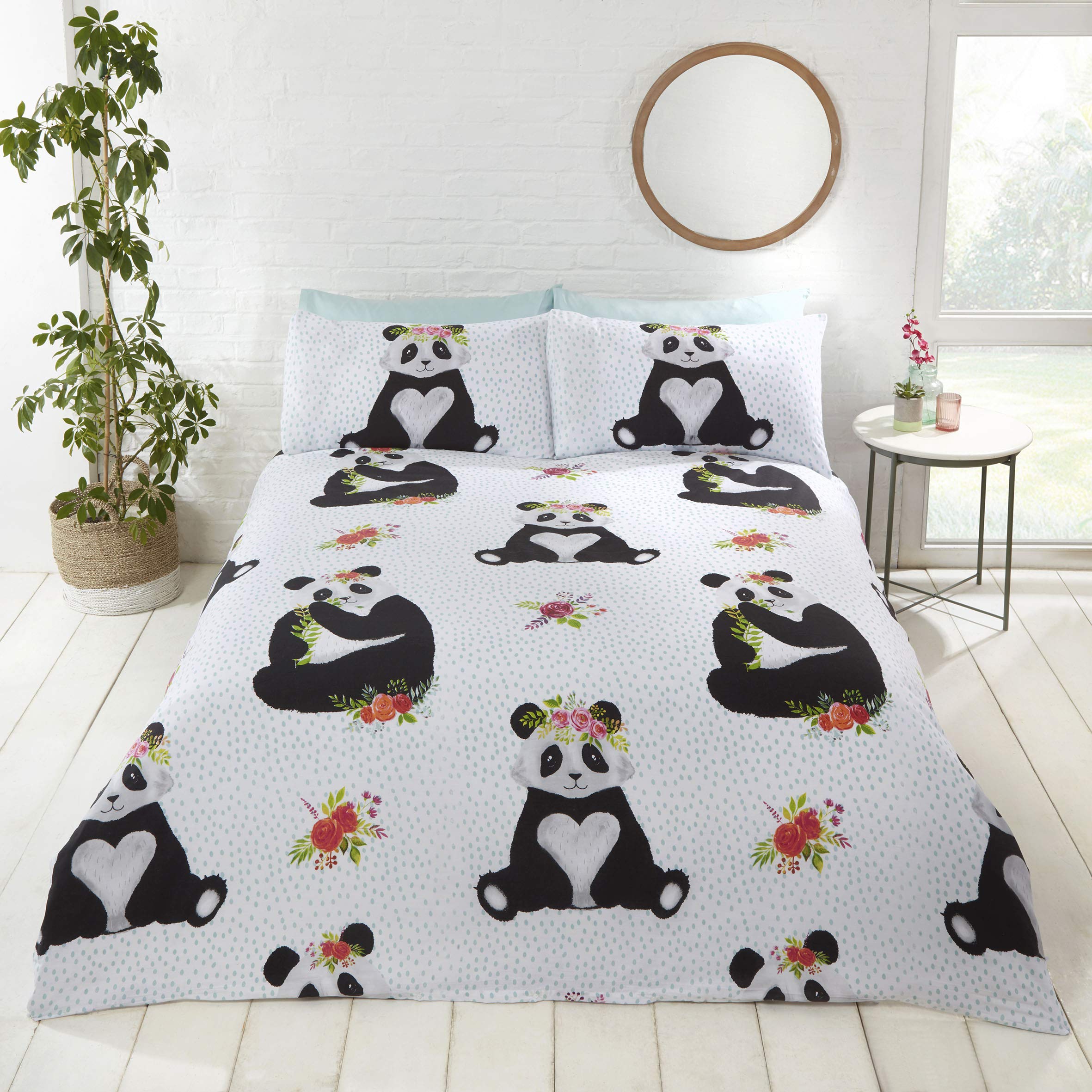 Rapport Home Panda Duvet Set - White Dotted Floral Bedding Set With Cute Pandas King Size Quilt Cover Set (220 x 230 cm)
