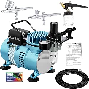 Master Airbrush Cool Runner II Dual Fan Air Compressor Airbrushing System Kit with 3 Professional Airbrush Sets, 0.2, 0.3 mm Gravity &amp; 0.8 mm Siphon Feed - Hose, Holder, How To Airbrush Learning Guide