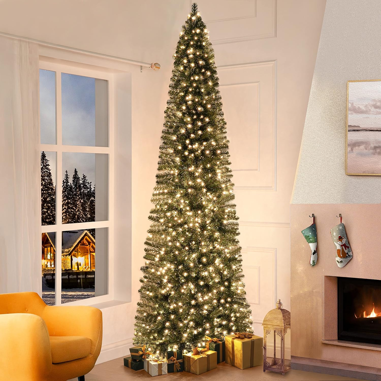 Trees - Vienna 9ft Prelit Slim Artificial Christmas Tree with 1455 Branch Tips, 500 Warm Lights and Metal Stand, 37