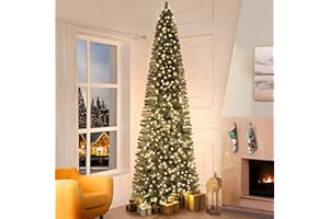 Vienna 9ft Prelit Slim Artificial Christmas Tree with 1455 Branch Tips, 500 Warm Lights and Metal Stand, 37" Wide Realistic Skinny Pencil Christmas Tree with Lights by Naomi Home