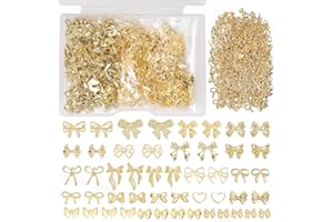 CESUSME 250 Pcs Gold Bow Nail Charms, 10 Styles 3D Golden Nail Bows Charms, Heart Bowknots Nail Art Studs, Gold Alloy Bowknot Charms for Nail Art Supplies DIY Accessories