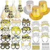 HOWAF 42pcs New Year's Eve Party Supplies, New Year Hats Headband Paper Eyeglasses Blowouts for 18 Guests, Glitter White Gold 2026 New Years Eve Party Favors NYE Glasses Noisemaker Headwear