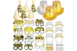 HOWAF 42pcs New Year's Eve Party Supplies, New Year Hats Headband Paper Eyeglasses Blowouts for 18 Guests, Glitter White Gold 2026 New Years Eve Party Favors NYE Glasses Noisemaker Headwear