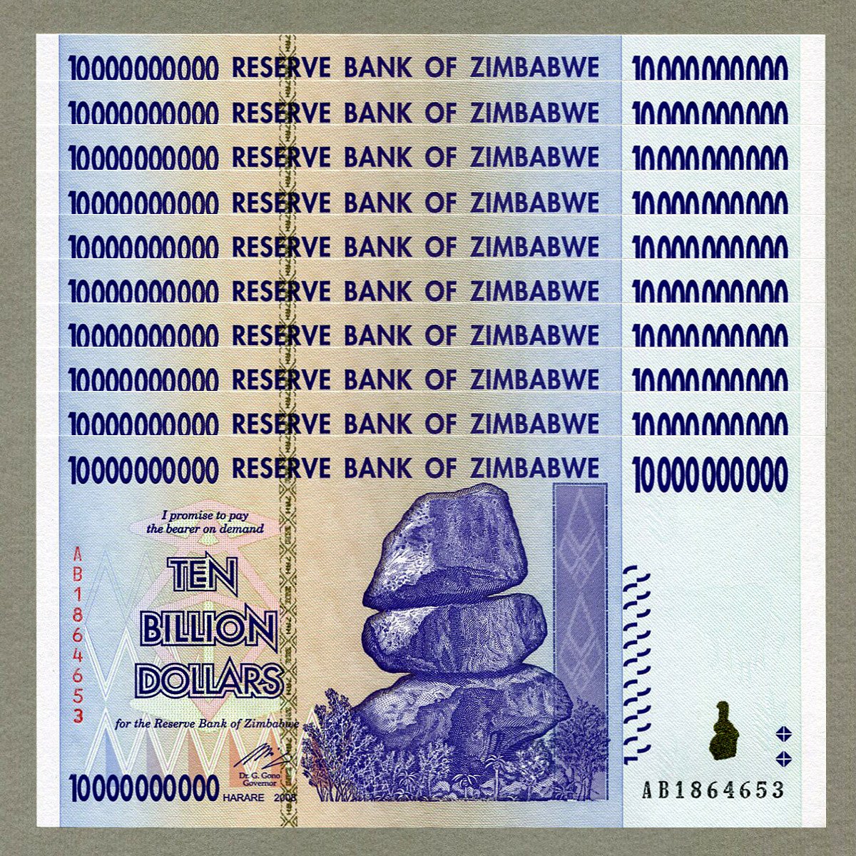 RBZ Collectibles Zimbabwe 10 Billion Dollars x 10 pcs AB 2008 P85 consecutive UNC currency bills