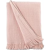 Sticky Toffee Muslin Throw Blanket 50x60 in – Blush Pink Lightweight Cotton Blanket with Fringe, Soft and Breathable, for Couch or Bed, Oeko-Tex Cotton