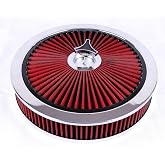 JGhyperX 14"x3" Round Air Cleaner Filter Assembly Kit Red Chrome 4330CR | Compatible with GMC Chevy Ford Chryler Dodge V8 with High- Flow Thru Lid Washable &amp; Reusable for Caburetor 5-1/8" Carb Neck
