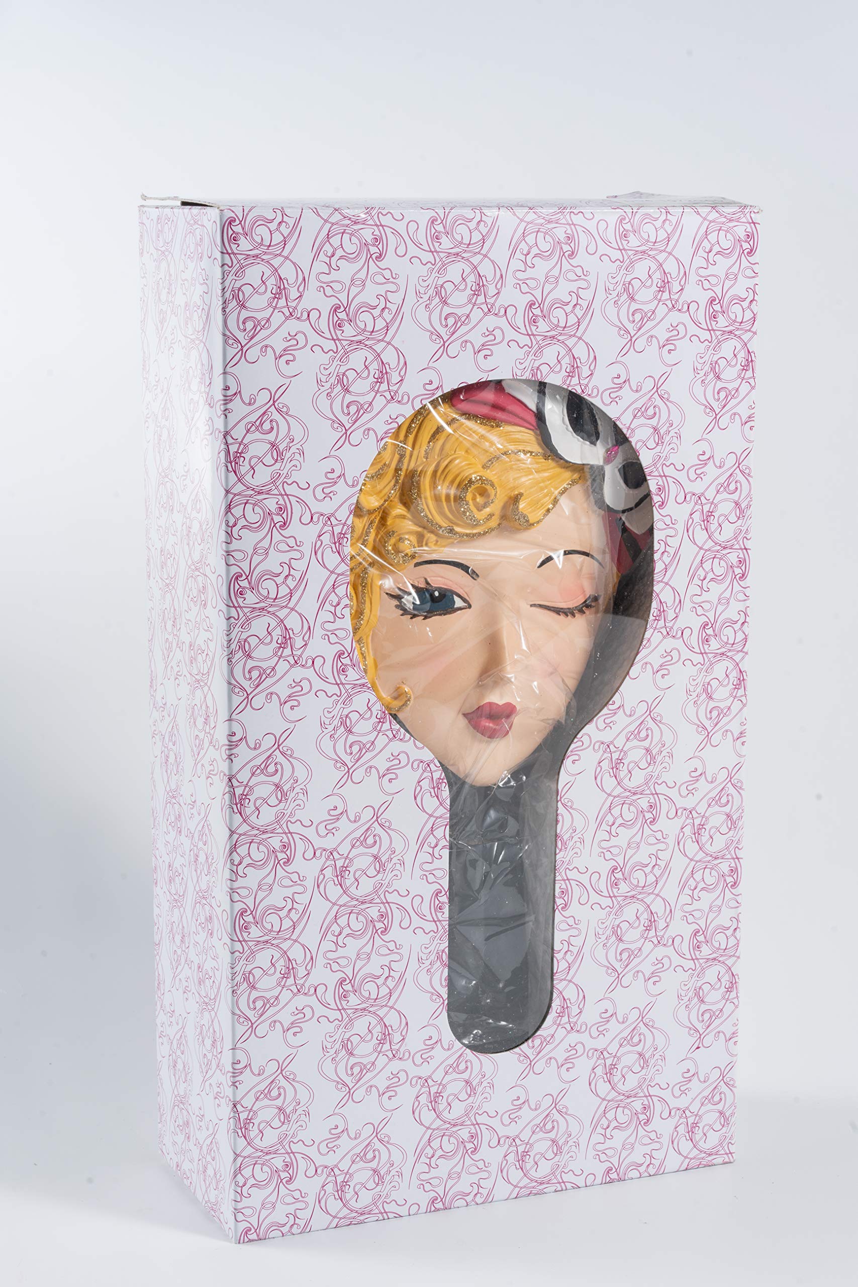 QThings Girl\'s Figurine Round Hair Brush: Fancy Round Women\'s Hard Bristled Hairbrush, Female in a Dress, Floppy Hat, Scarf and Purse