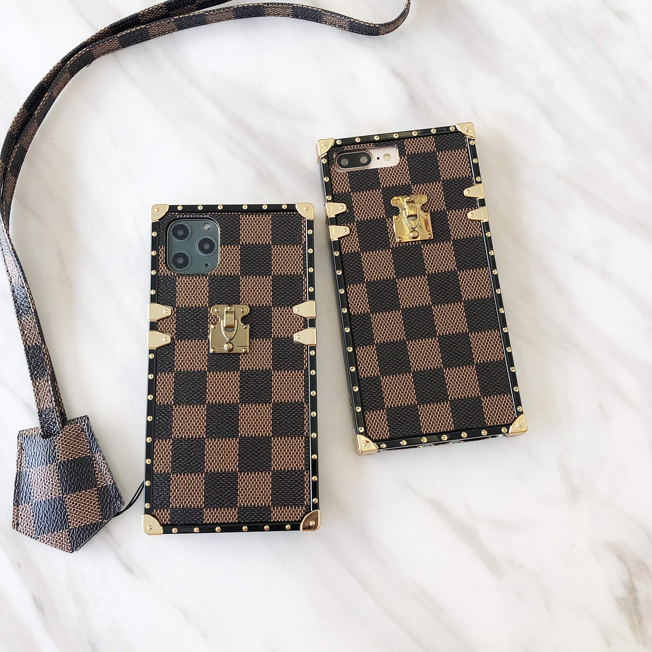 Luxury TPU Leather Square Trunk Style Case with Matching Lanyard for iPhone 7 / iPhone 8 Plus/iPhone X/XR/iPhone 11/ iPhone 11 Pro Max Grip Pattern Shockproof Case (Brown, iPhone Xs Max)