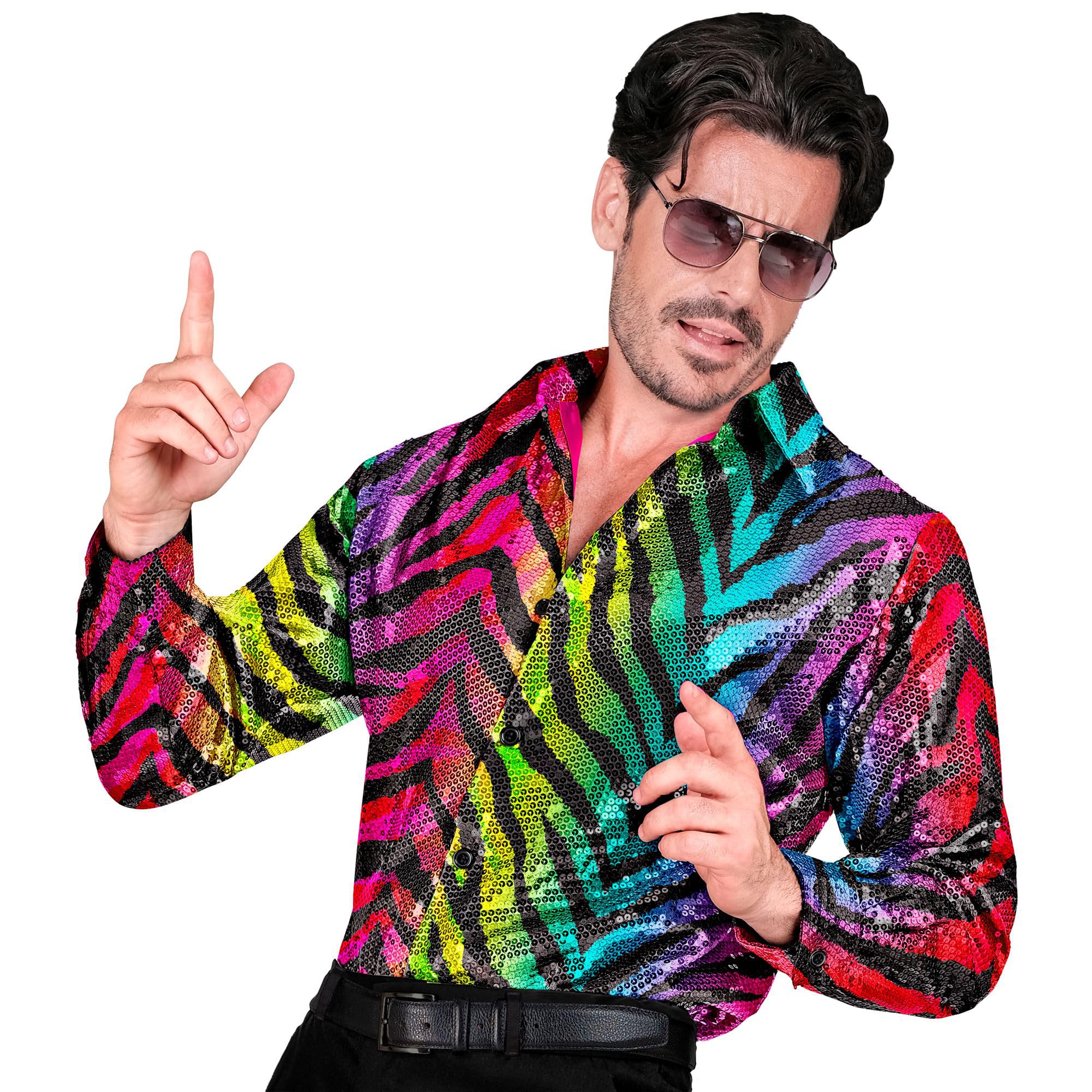 Widmann - Party Fashion Sequin Shirt Men Rainbow Tiger Print Disco Fever Strike Movie Men's Shirt