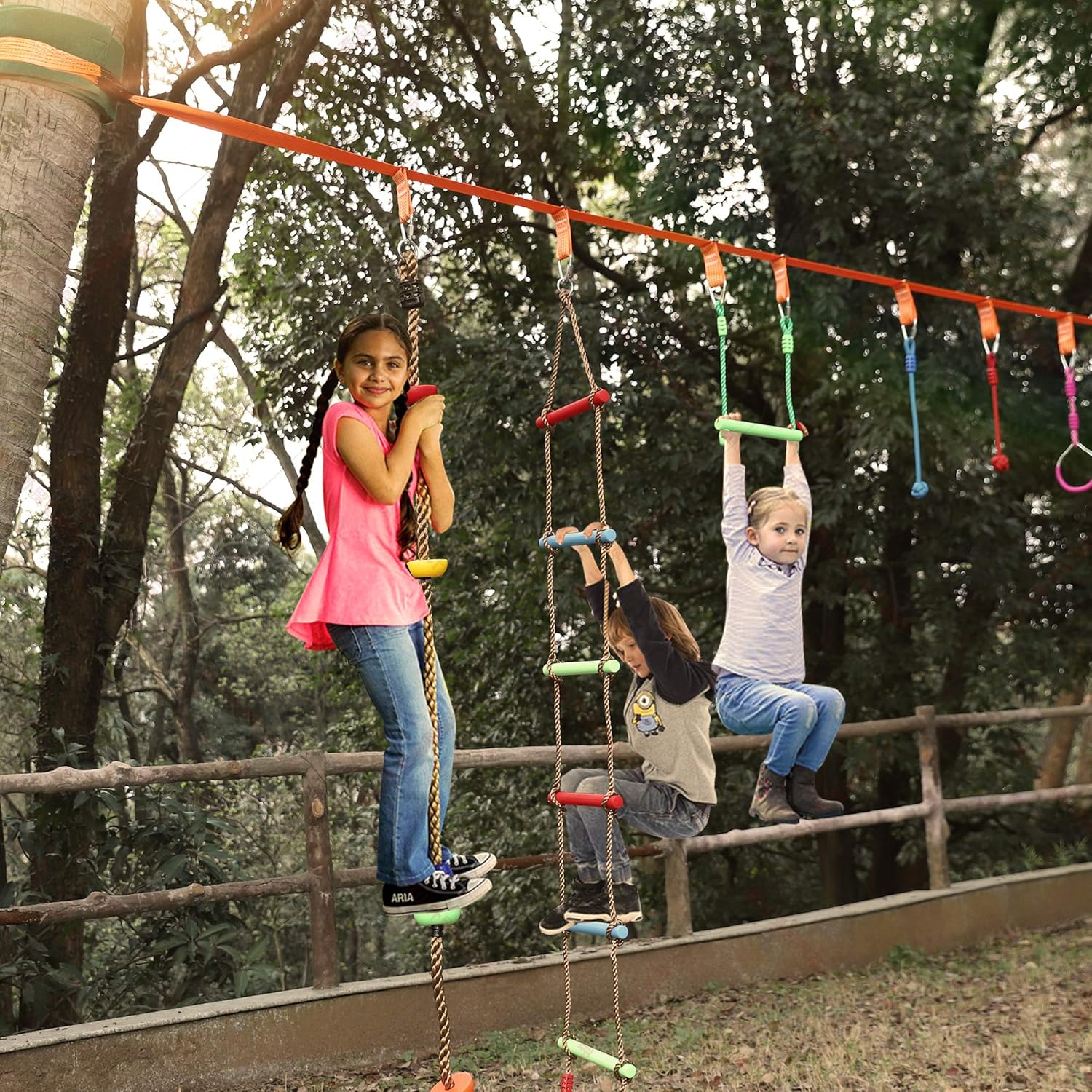 GRYSERCH Ninja Warrior Obstacle Course for Kids - 57' Ninja Slackline with 12 Obstacle Accessories for Kids, Ninja Warrior Training Equipment for Kids Outside Backyard ( Capacity 500 lbs): Toys & Games