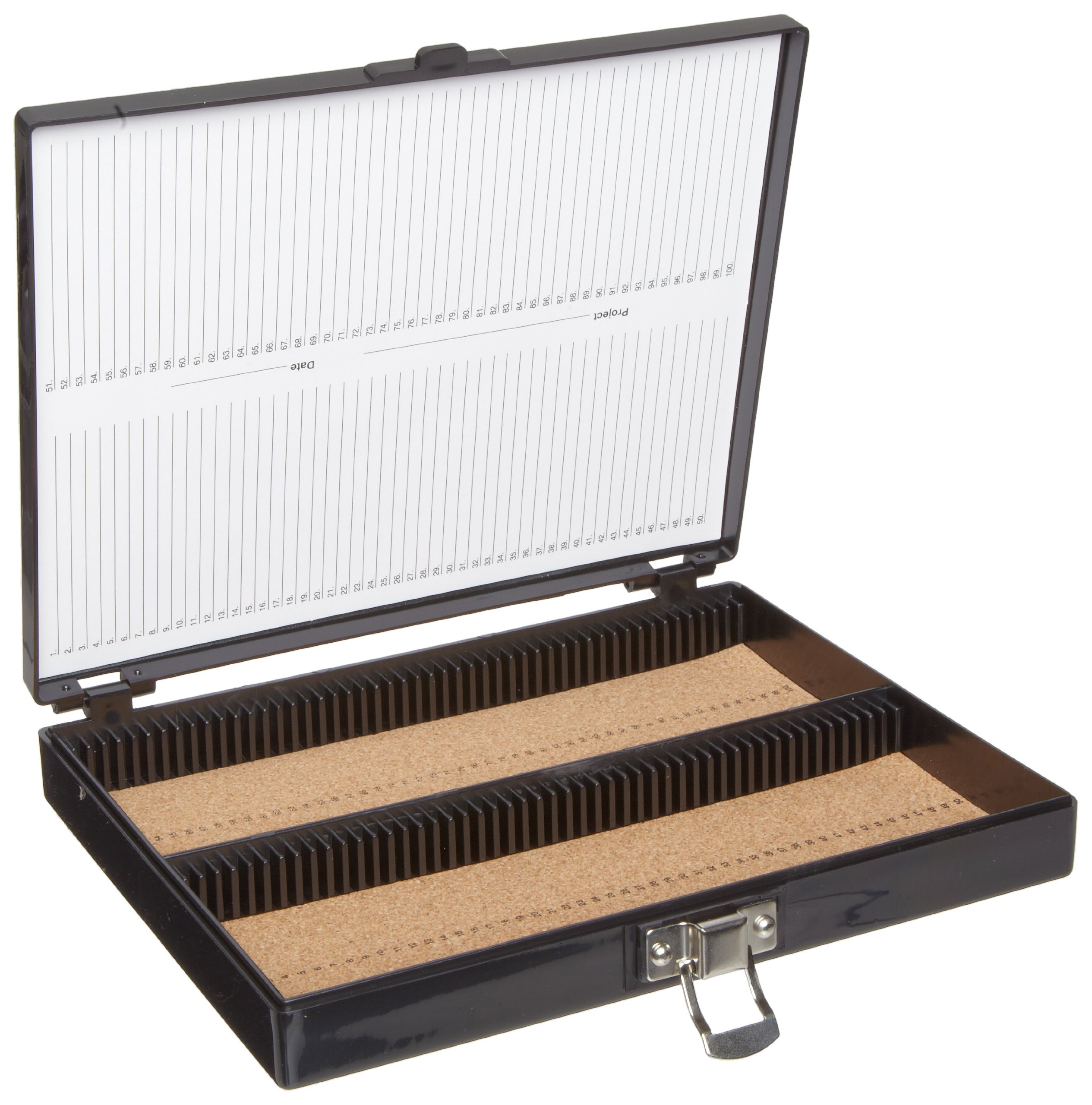 Heathrow Scientific HD15994G Microscope Slide Box, Cork Lined, 100 Place, 208 mm Length x 175 mm Width x 34 mm Height, Black