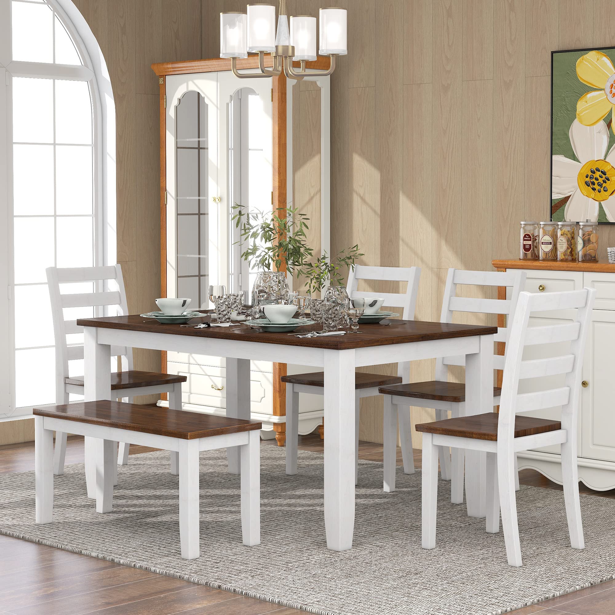 Photo 1 of ***INCOMPLETE***LOPOO TREXM Rustic Style 6-Piece Dining Room Table Set, Includes 4 Ergonomically Designed Chairs & a Stylish Bench for Comfortable Dining Experience,Walnut