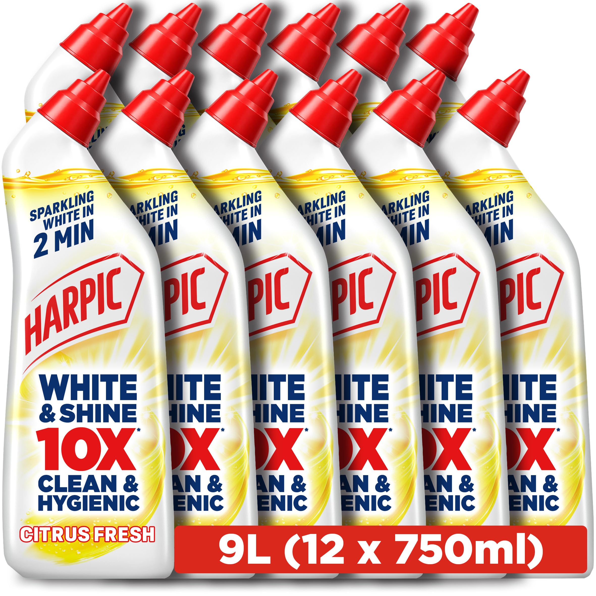 Harpic White & Shine, Bleach, Toilet Gel, Citrus Fresh, 750ml (12 x 750ml, Total 9.0L), Toilet Cleaner, Kills 99.9% of Bacteria