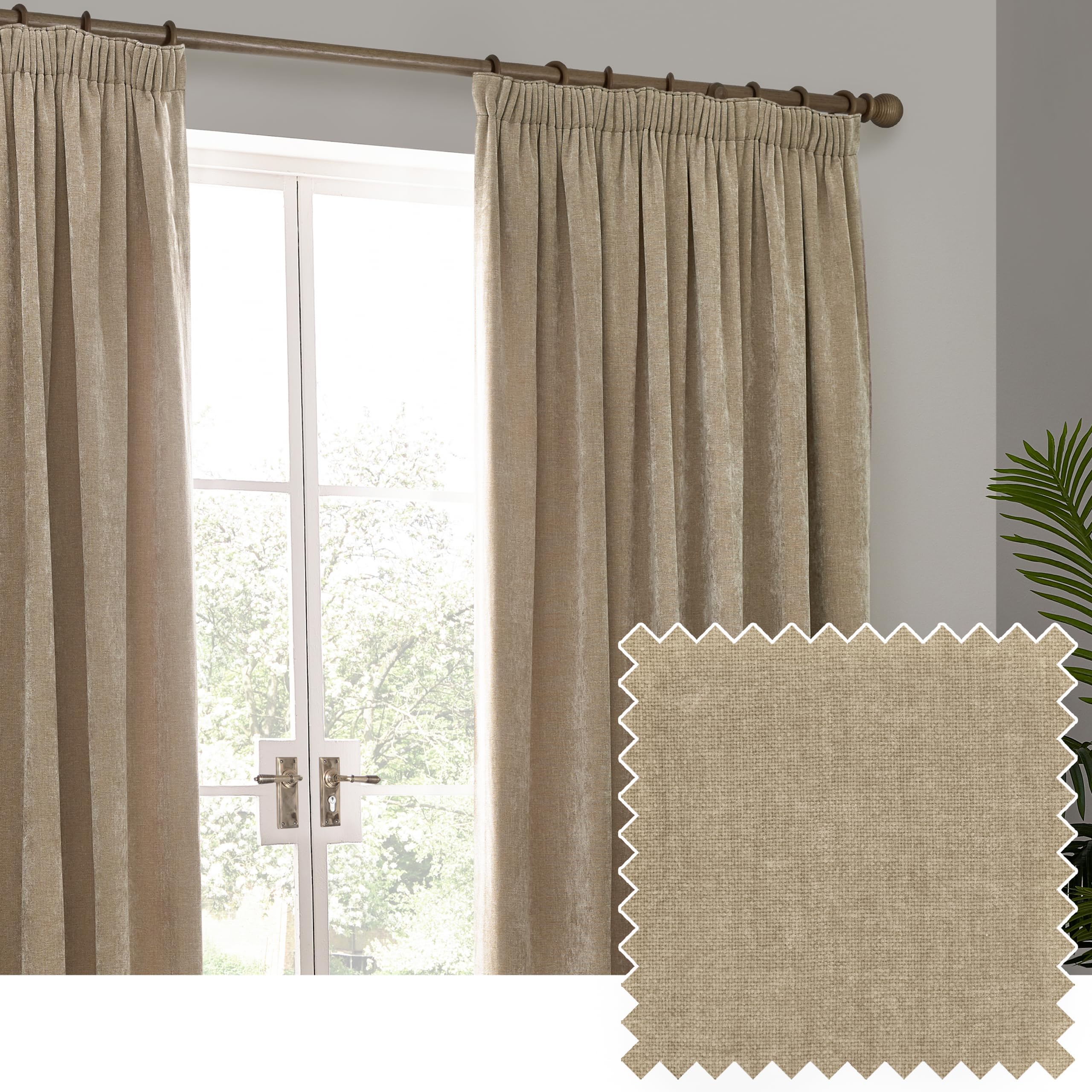 Yard furn Heavy Chenille Pencil Pleat Curtain Pair – Lined Room Darkening Soft Velvet Curtains (Natural - Width 117 x Drop 183cm)