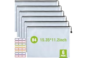 ASTEN Mesh Zipper Pouch, 6PCS Waterproof Plastic Mesh ZipperBag, B4 Size Tear-Resistant Document Pouch, Extra Large Zip File Bags, for School Office Supplies Home Travel Storage(15.35×11.22 Inch)