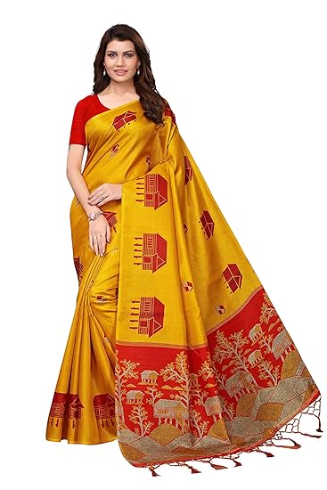 Poly Silk Mustard & Red Printed Womens Saree With tassels
